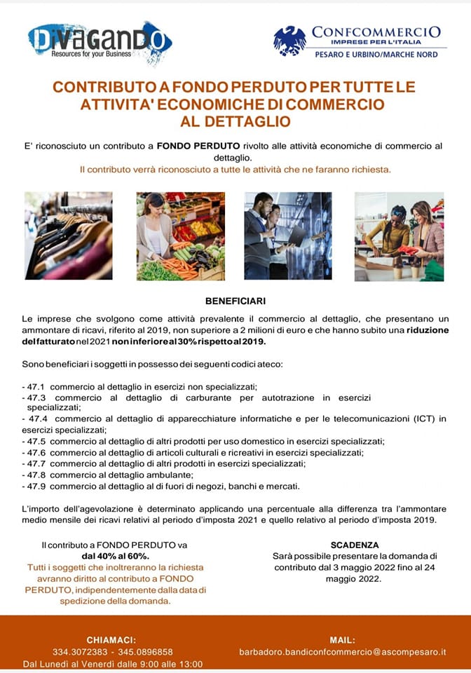 confcommercio di pesaro e urbino - contributo a fondo perduto per attivit economiche di commercio al dettaglio