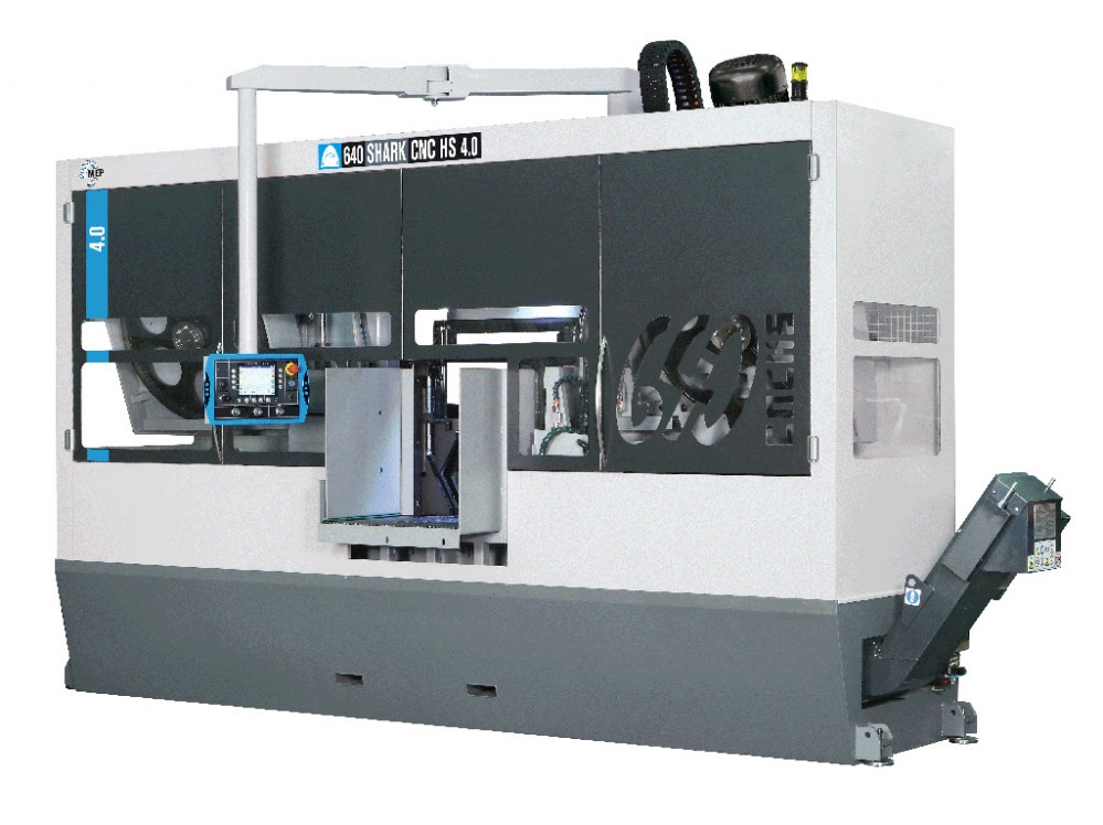 MEP Spa - Shark 640 CNC HS 4.0, automatic double-column bandsaw for 0° cuts on structural, stainless, alloy steels, profiles ,solid parts and profiles with dimensions up to 640x640mm.
